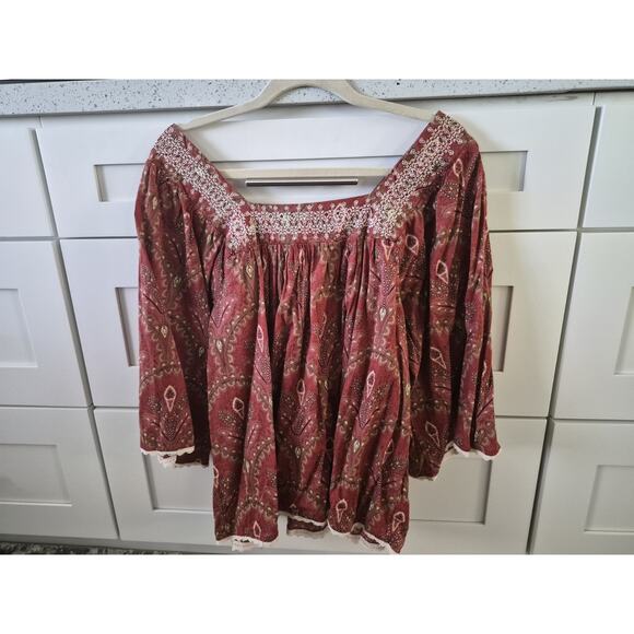 Women’s Rachel Zoe Red Block Print Floral Embroidered Boho Peasant Top Size L - Picture 1 of 3